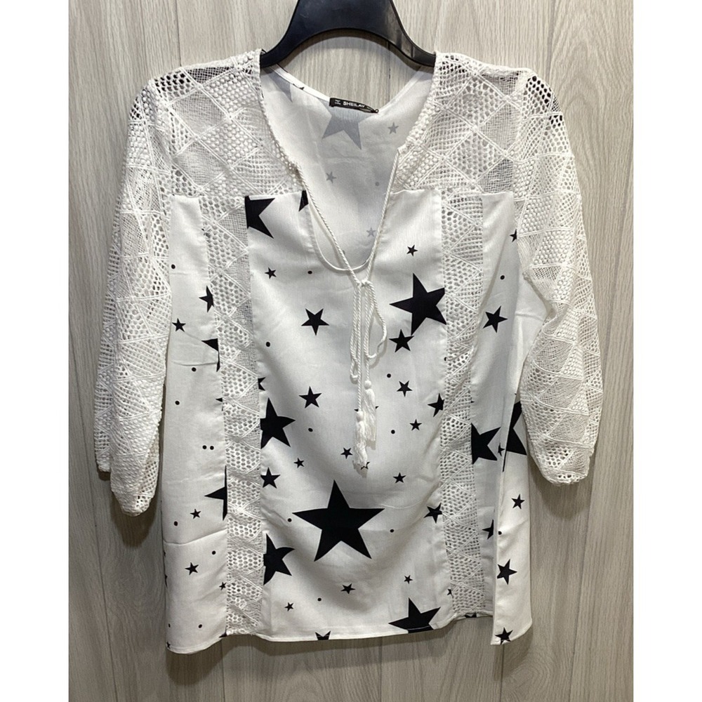 SHELAY Women's (Size 2XL) 3/4 Sleeve Tie Neck Textured Shirt Star Pattern